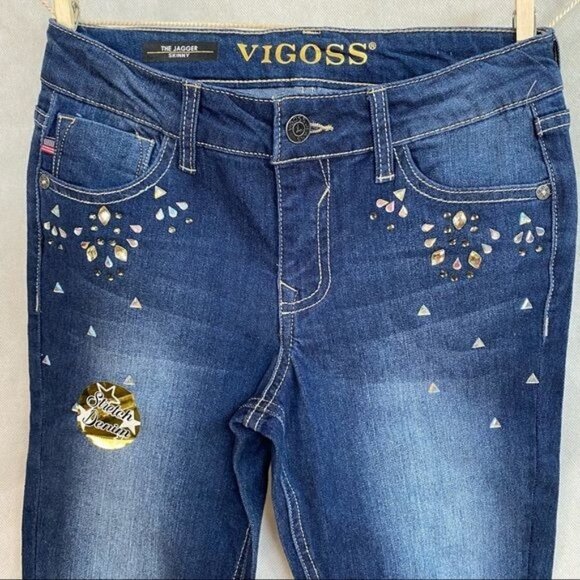 Vigoss The Jagger Stretch Demin Rhinestone Dark Blue Jeans Girls Size 14 - Picture 2 of 12